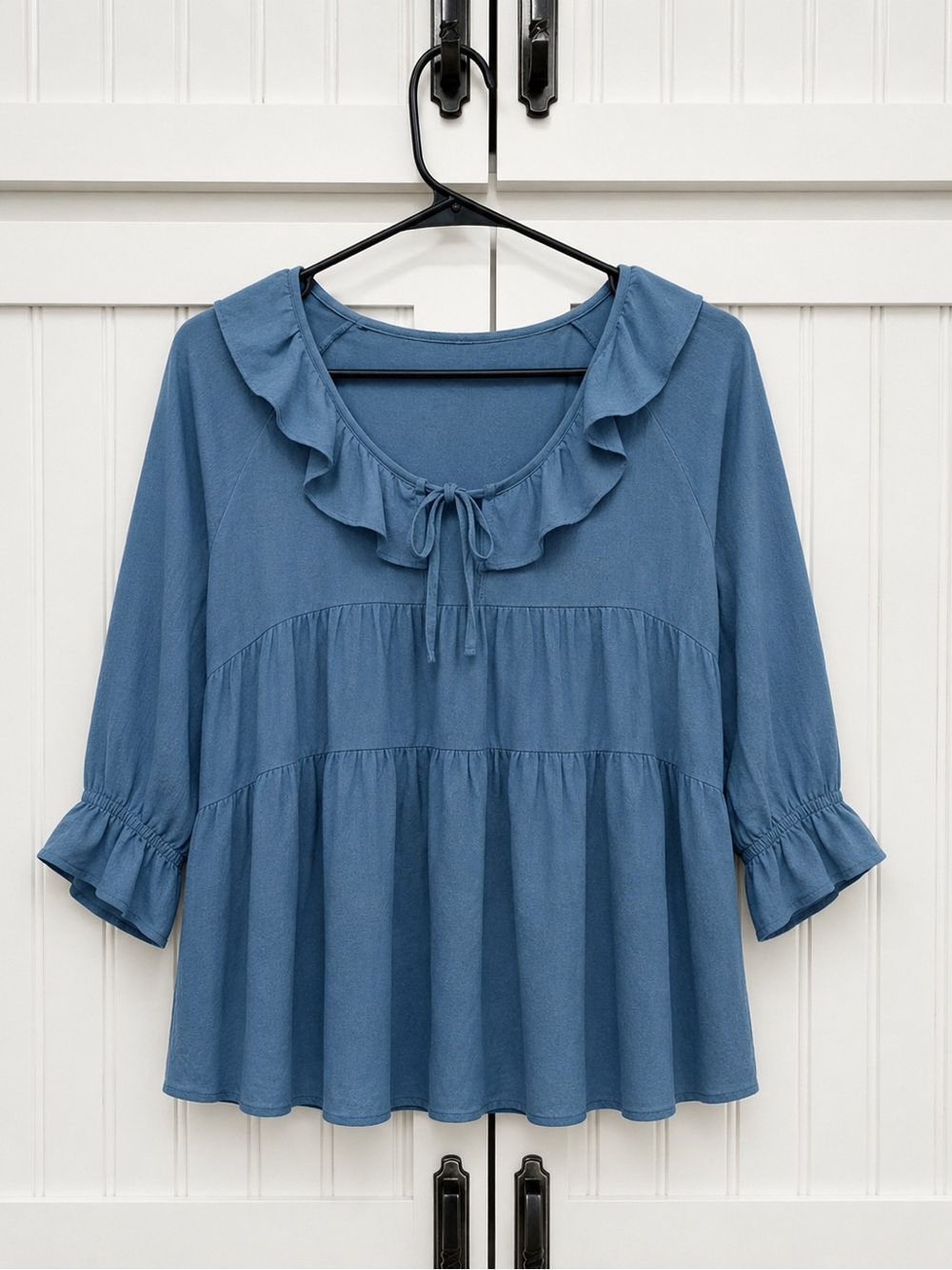 Blue Ruffle Tie-Neck Women’s Top